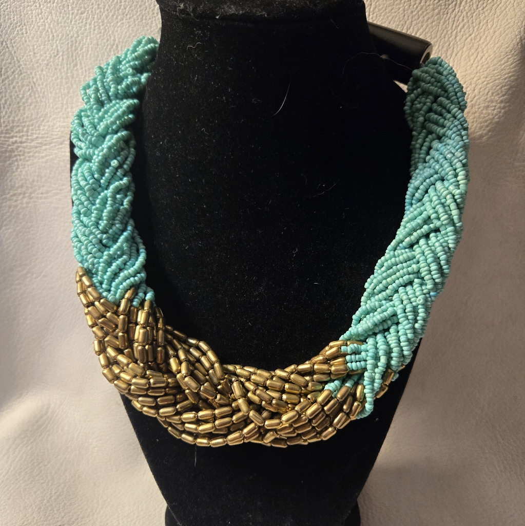 Braided Tourquoise Bronze Color Seed Bead Necklace Statement 20 Inches 28$